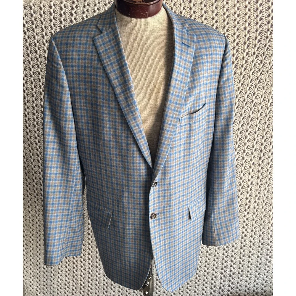 Bespoke Holland & Sherry Tom James Check Wool Sport‎ Coat Tailored Fit Blue 46L